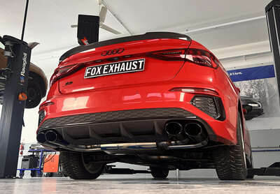 Fox Sportuitlaat Audi S3 GY - Sedan Half uitlaatsysteem van OPF met uitlaatkleppen - 2x115x85 Type 32 rechter/linker uitlaatpijpen zwart ge&euml;mailleerd