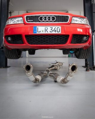Fox Sportuitlaat Audi S4/RS4 B5 76mm downpipe met ECE-goedgekeurde HJS-katalysatoren voor K03-, K04- en K06-turbocompressoren - met thermische isolatie - HJS-katalysatoren met HD-ontwerp (drievoudige foliewikkeling, drie wikkelcentra, geoptimaliseerde fol