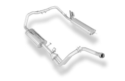 Fox Sportuitlaat Complete uitlaatsysteem voor Mercedes G-Klasse 463 - 300 GD, bestaande uit spruitstuk, voordemper en achterdemper inclusief montagemateriaal - uitlaatpijpen 2x63mm type 14 - Voor modellen met korte wielbasis en zonder treeplanken.