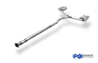 Fox Sportuitlaat Opel Insignia A - OPC Sports Tourer Racing Half Exhaust System, bestaande uit een linker/rechter achterdemper, uitlaatpijpen die uitkomen op de originele openingen en een vervangende voordemperpijp.
