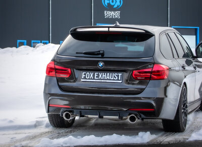 Fox Sportuitlaat FOX sportuitlaat geschikt voor BMW F30/31 - 330i/340i xDrive, dwarsgeplaatste achterdemper met rechter/linker uitlaat - 1x100 Type 25 rechts/links - met uitlaatklep in de linker uitlaatpijp - Past op Rieger achterdiffuser RIE00088122
