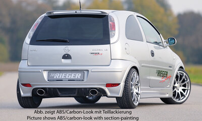 Fox Sportuitlaat Opel Corsa C: 06.03- (vanaf facelift) | 3-deurs, 5-deurs. Rieger achterbumper voor faceliftmodellen - voor linker en rechter uitlaatpijpen, ABS, carbonlook, incl. ABE, aluminium gaas, montageaccessoires, certificaat