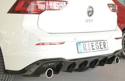 Fox Sportuitlaat Rieger achterdiffuser-inzetstuk - Golf 8 - ABS glanzend zwart VW Golf 8 GTI: 08.20- | 5-deurs. Voor linker en rechter uitlaatpijpen, ABS, glanzend zwart, incl. montagemateriaal, certificaat. Niet geschikt voor GTI Clubsport / Clubsport S.