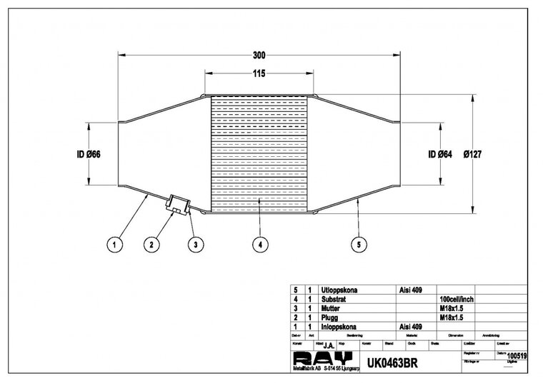Sportkatalysator Ø127mm 100 cells metalic SBF/FIA approved
