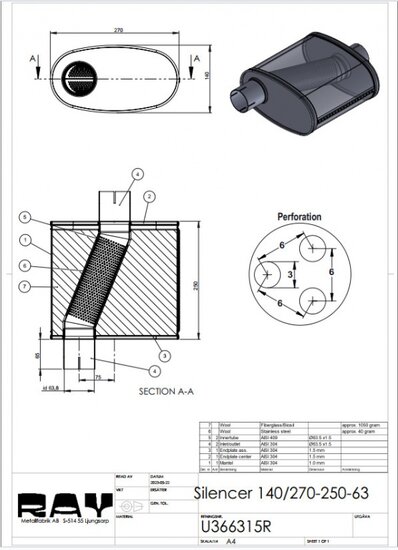 Demper RVS ovaal 140/270mm, lengte 250mm &Oslash; 63,5mm (2,5 inch)