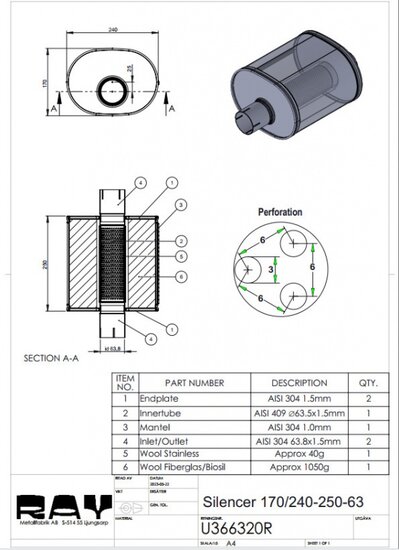 Demper RVS ovaal 170/240mm, lengte 250mm &Oslash; 63,5mm (2,5 inch)