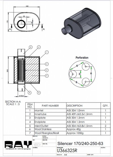 Demper RVS ovaal 170/240mm, lengte 250mm &Oslash; 63,5mm (2,5 inch)