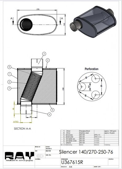 Demper RVS ovaal 140/270mm, lengte 250mm, &Oslash; 76mm (3 inch)