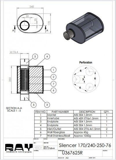 Demper RVS ovaal 170/240mm, lengte 250mm, &Oslash; 76mm (3 inch)