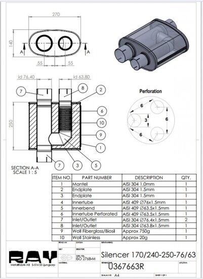 Demper RVS split 76-63 ovaal 140/270mm, lengte 250mm, &Oslash; 76mm (3 inch)