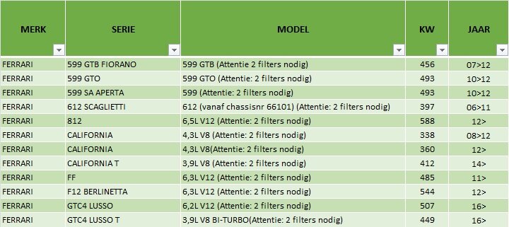 GREEN Vervangingsfilter Ferrari 599 2010-2012 599 GTO 493kw (Attentie: 2 filters nodig)