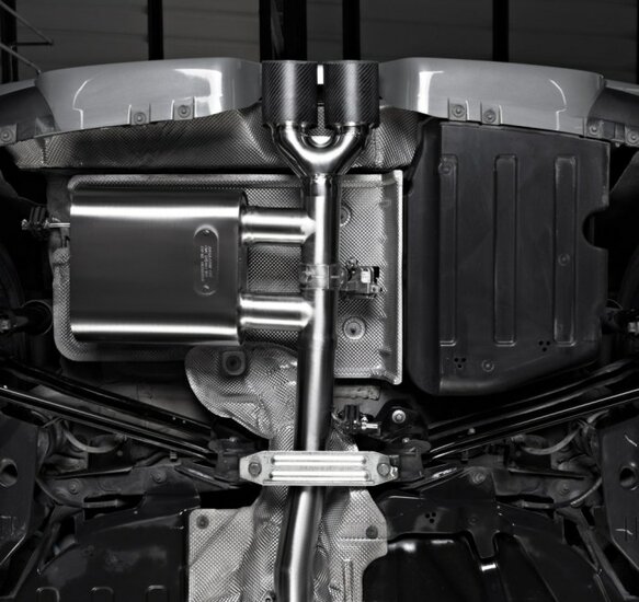 Einddemper van rvs met ronde carbon shot-uitlaatpijp 2x100 mm met ge&iuml;ntegreerde elektrische klep klepbediening via ragazzon kit (elektrische actuator en bluetooth) de bedieningseenheid kan worden aangestuurd met afstandsbedieningen of via de "ragazzon ev