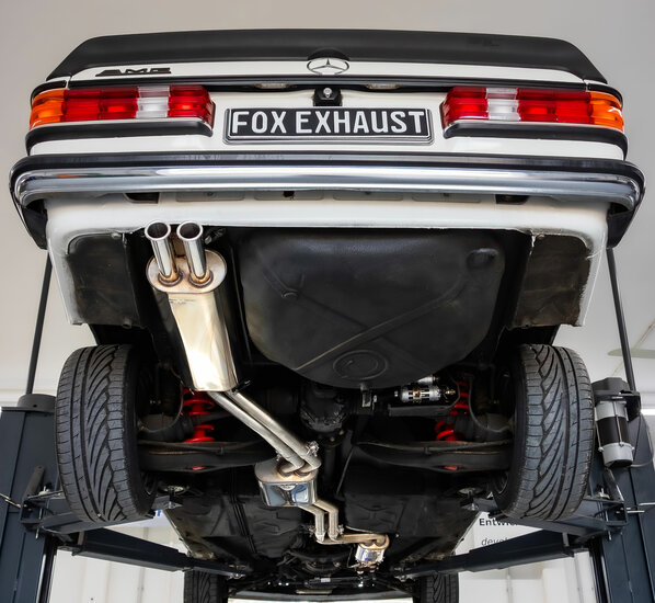 Fox Sportuitlaat Mercedes W123/S123 - compleet uitlaatsysteem voor 6-cilindermotoren, bestaande uit achterdemper, middendemper en voordemper met spruitstuk - 2x50 Type 12 naar buiten gerold