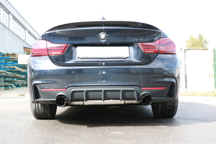 Fox Sportuitlaat BMW F36 - 440i xDrive Grand Coupe - M-pakket Achterdemper dwarsuitlaat rechts/links - 1x100 Type 25 rechts/links zwart ge&euml;mailleerd - met uitlaatklep in de linker uitlaatpijp