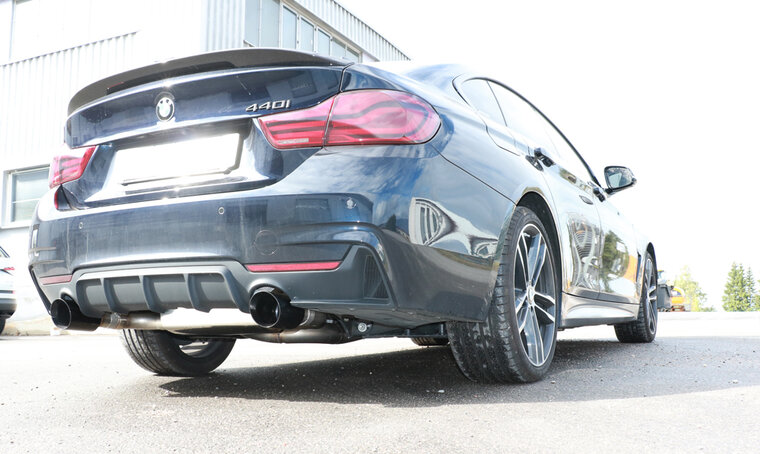 Fox Sportuitlaat BMW F36 - 440i xDrive Grand Coupe - M-pakket Achterdemper dwarsuitlaat rechts/links - 1x100 Type 25 rechts/links zwart ge&euml;mailleerd - met uitlaatklep in de linker uitlaatpijp