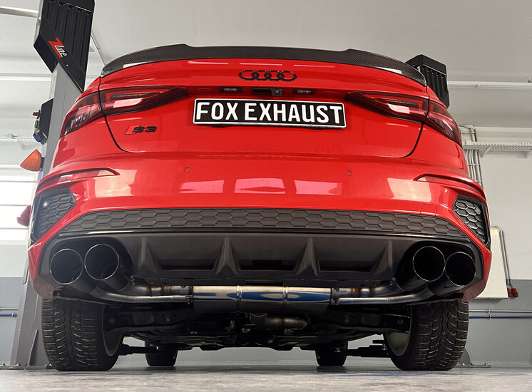 Fox Sportuitlaat Audi S3 GY - Sedan Half uitlaatsysteem van OPF met uitlaatkleppen - 2x100 Type 25 rechter/linker uitlaatpijpen zwart ge&euml;mailleerd