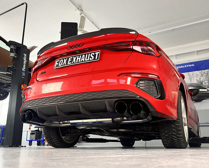 Fox Sportuitlaat Audi S3 GY - Sedan Half uitlaatsysteem van OPF met uitlaatkleppen - 2x100 Type 25 rechter/linker uitlaatpijpen zwart ge&euml;mailleerd