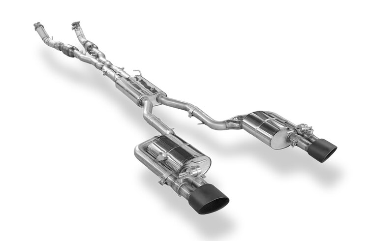 Fox Sportuitlaat Compleet uitlaatsysteem voor Audi RS4 B7 vanaf de katalysator, bestaande uit linker/rechter achterdemper, voordemper, X-pijp en katalysatorbuizen - ovale uitlaatpijpen van 160x130 mm, links/rechts, zwart keramisch gecoat, inclusief vacu&uuml;