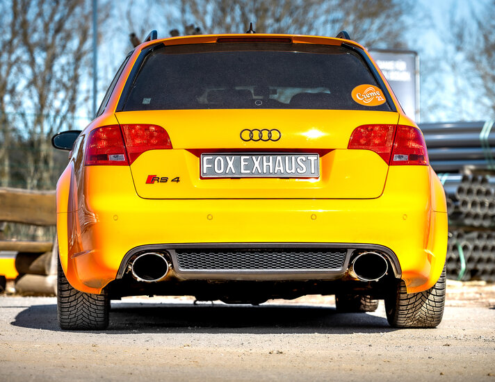 Fox Sportuitlaat Audi RS4 B7 half uitlaatsysteem vanaf de katalysator, bestaande uit rechter/linker achterdemper, voordemper en X-pijp - 160x130 ovale uitlaatpijpen rechts/links inclusief vacu&uuml;mkleppen.