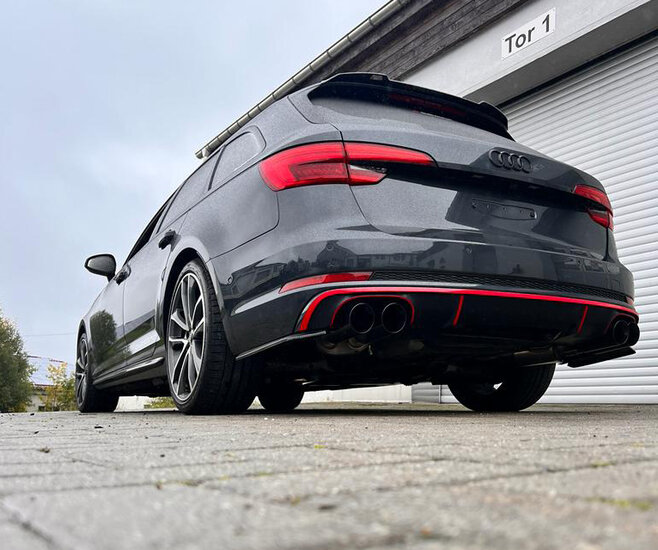 Fox Sportuitlaat Audi S4/S5 - B9 achterdemper rechts/links met uitlaatkleppen, middendemper en voordemper - 2x100 type 25 rechts/links met zwart ge&euml;mailleerde uitlaatpijpen