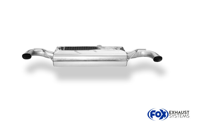 Fox Sportuitlaat Mercedes A-Klasse A45 245 AMG achterdemper, dwarsuitgang rechts/links - uitlaatpijpen komen uit in de originele uitlaatpijpen.