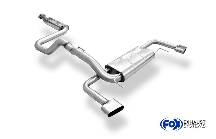 Fox Sportuitlaat Opel Astra J OPC half uitlaatsysteem, bestaande uit een achterdemper met uitgangen links en rechts en verborgen uitlaatpijpen (uitlaatgassen stromen via de originele uitlaatpijpen) en een voordemper.