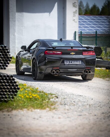 Fox Sportuitlaat Chevrolet Camaro - A1XC dwarsgeplaatste achterdemper, uitlaat rechts/links met 2 uitlaatkleppen - 2x100 Type 25 rechts/links