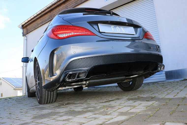 Fox Sportuitlaat Mercedes CLA - C117/ X117 voor AMG-Line/ AMG 45 look achterdemper met dwarsuitgang rechts/links voor modellen met AMG45 of AMG-Line uitlaatpijpen - uitlaatpijpen in originele bumper