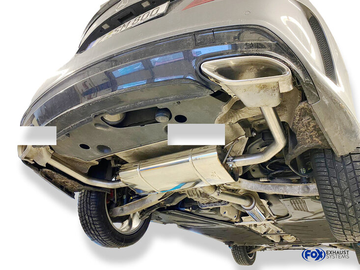 Fox Sportuitlaat Mercedes CLA - C117/ X117 - AMG 45/ AMG-Line - 4-matic achterdemper, dwarsgeplaatste uitlaat rechts/links voor modellen met AMG45 of AMG-Line uitlaatpijpen - uitlaatpijpen in originele bumper