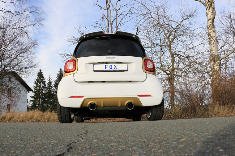 Fox Sportuitlaat Smart Fortwo 453 met Brabus achterdiffuser, dwarsgeplaatste achterdemper, uitlaat links/rechts, inclusief flexstuk - 1x100 Type 25 rechts/links