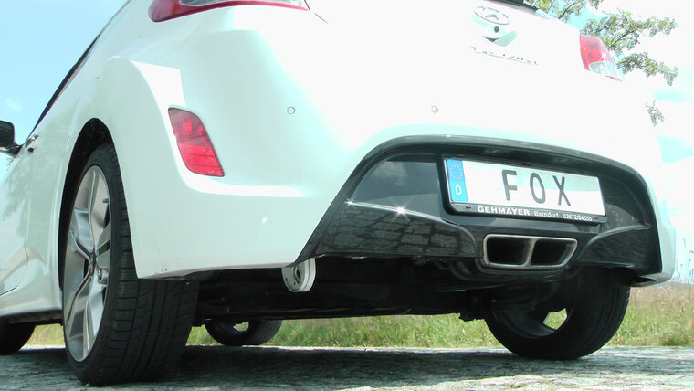 Fox Sportuitlaat Hyundai Veloster achterdemper met uitlaat in de originele uitlaatpijpen.