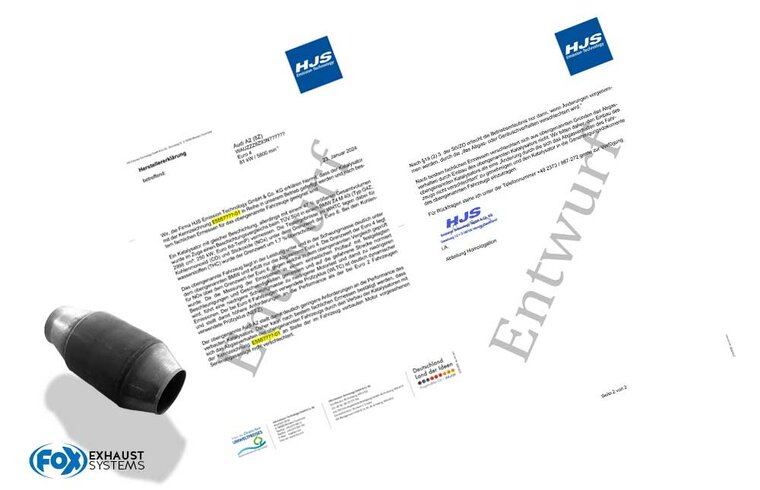 Fox Sportuitlaat Fabrikantenverklaring HJS (Duits) betreffende het voertuigspecifieke gebruik van katalysatoren - hiervoor hebben wij een foto van uw kentekenbewijs nodig.
