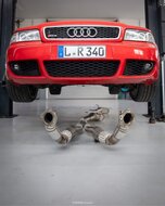 Fox Sportuitlaat Audi S4/RS4 B5 76mm downpipe met ECE-goedgekeurde HJS-katalysatoren voor K03-, K04- en K06-turbocompressoren - met thermische isolatie - HJS-katalysatoren met HD-ontwerp (drievoudige foliewikkeling, drie wikkelcentra, geoptimaliseerde fol