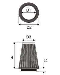GREEN Universeel filter Conische single-cone &Oslash; 70mm flens Inox top - 130mm hoog, basis 100mm , top 75mm