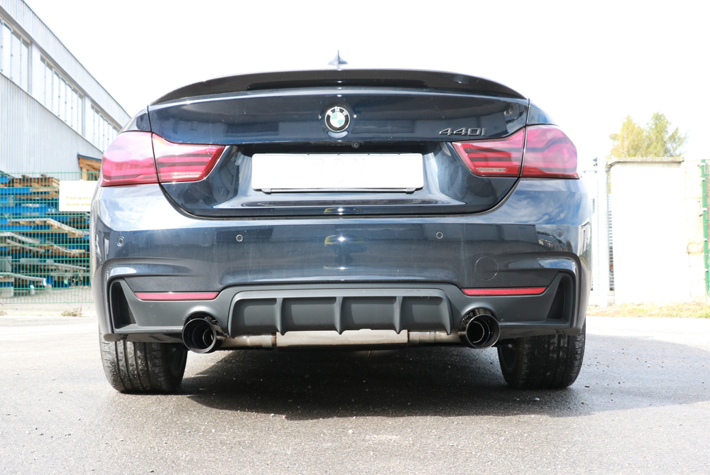 Fox Sportuitlaat BMW F36 - 440i xDrive Grand Coupe - M-pakket Achterdemper dwarsuitlaat rechts/links - 1x100 Type 25 rechts/links zwart ge&euml;mailleerd - met uitlaatklep in de linker uitlaatpijp