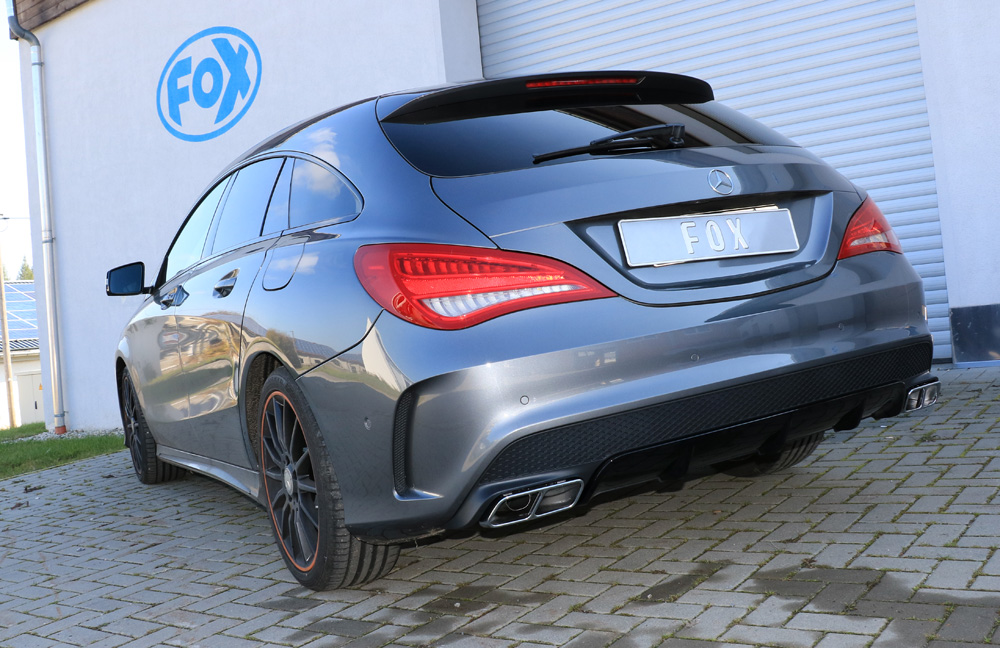 Fox Sportuitlaat Mercedes CLA - C117/ X117 voor AMG-Line/ AMG 45 look achterdemper met dwarsuitgang rechts/links voor modellen met AMG45 of AMG-Line uitlaatpijpen - uitlaatpijpen in originele bumper