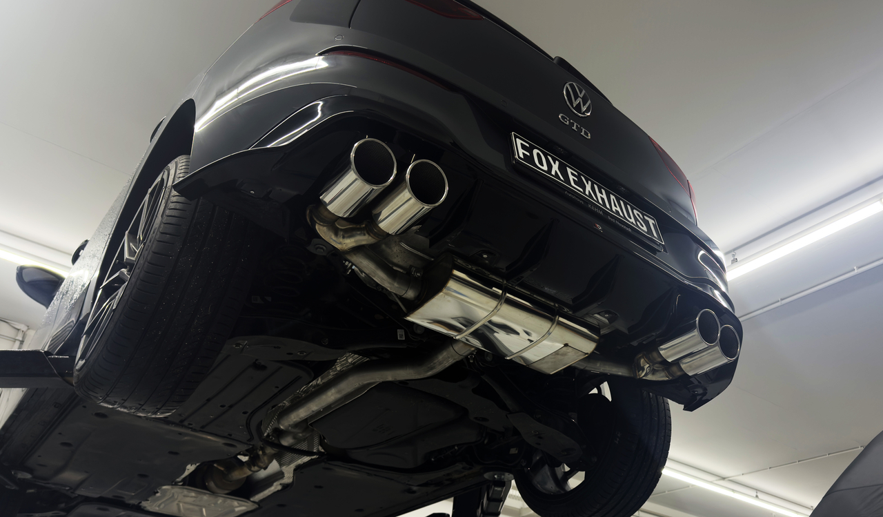 Fox Sportuitlaat VW Golf MK8 GTD achterdemper, rechter/linker uitlaat, inclusief verbindingspijp - 2x100 Type 16x rechts/links (de X staat voor speciaal gebruik in de uitlaatpijp)
