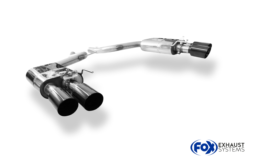 Fox Sportuitlaat Ford Mustang VI Coup&eacute; & Cabriolet - Achterdemper voor 4/6/8-cilinder motoren, rechts/links, zonder uitlaatkleppen - 2x100 Type 25, rechts/links, zwart ge&euml;mailleerd - past op de bumperverlenging 52889573 van Velocity