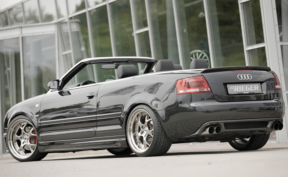 Fox Sportuitlaat Rieger achterdiffuser voor Audi A4 8H (8H): 04.02-12.05 (pre-facelift), 01.06- (post-facelift) | Cabriolet - ABS zwart hoogglans incl. aluminium gaas, montagemateriaal, certificaat