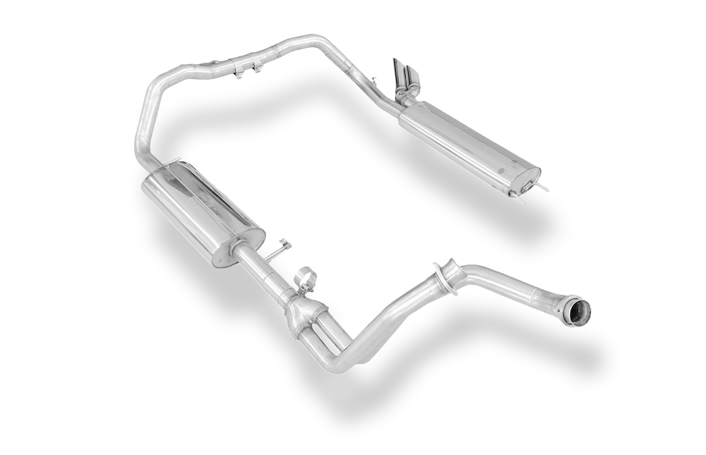 Fox Sportuitlaat Complete uitlaatsysteem voor Mercedes G-Klasse 463 - 300 GD, bestaande uit spruitstuk, voordemper en achterdemper inclusief montagemateriaal - uitlaatpijpen 2x63mm type 14 - Voor modellen met korte wielbasis en zonder treeplanken.